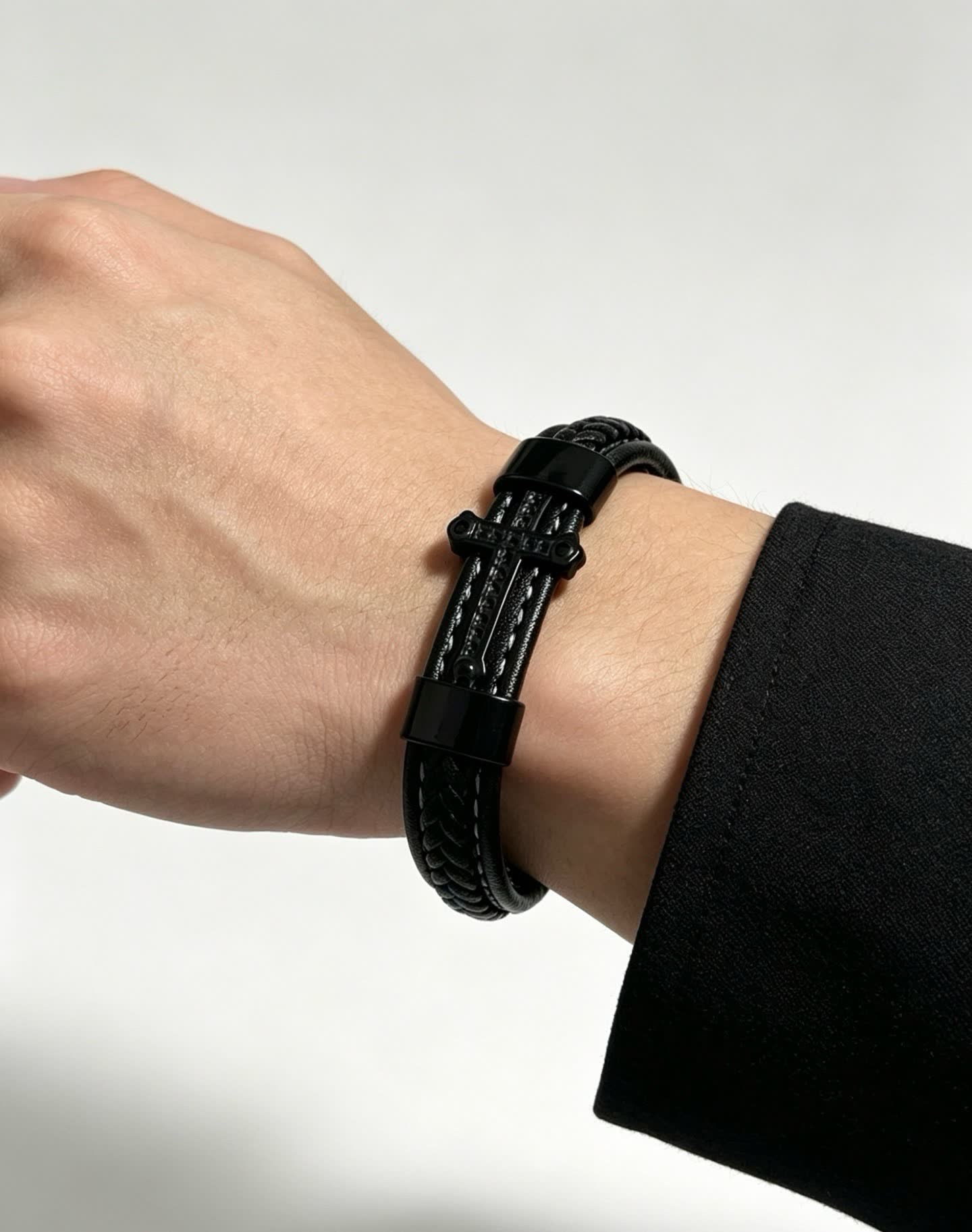 Chrome Hearts Black Leather Bracelet with Cross Clasp